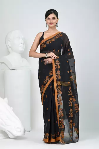 Classic black & mustard handwoven tant cotton saree with texture motifs