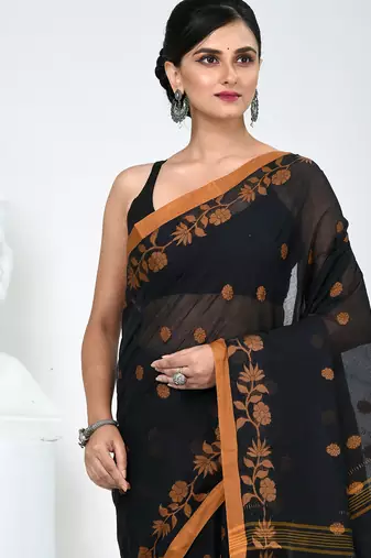 Classic black & mustard handwoven tant cotton saree with texture motifs