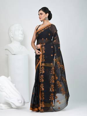 Classic black & mustard handwoven tant cotton saree with texture motifs 3