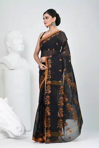 Classic black & mustard handwoven tant cotton saree with texture motifs
