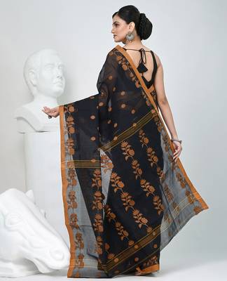 Classic black & mustard handwoven tant cotton saree with texture motifs 4