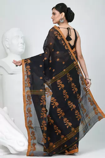 Classic black & mustard handwoven tant cotton saree with texture motifs