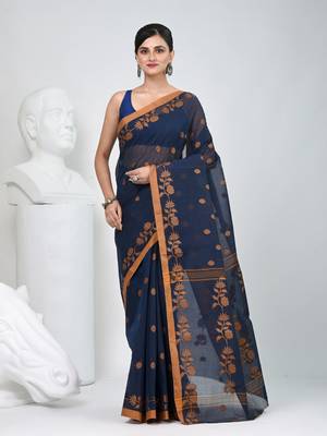 Classic navy blue & mustard handwoven tant cotton saree with texture motifs 1