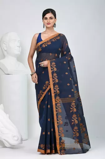 Classic navy blue & mustard handwoven tant cotton saree with texture motifs
