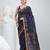 Classic navy blue & mustard handwoven tant cotton saree with texture motifs
