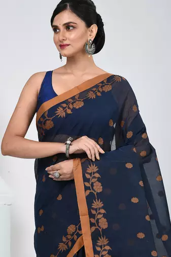 Classic navy blue & mustard handwoven tant cotton saree with texture motifs