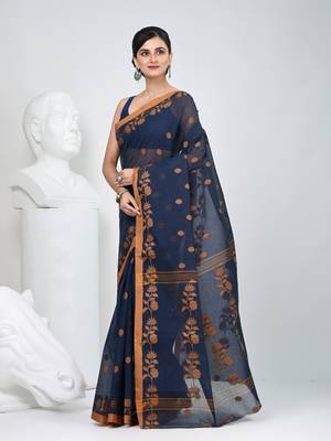 Classic navy blue & mustard handwoven tant cotton saree with texture motifs 3