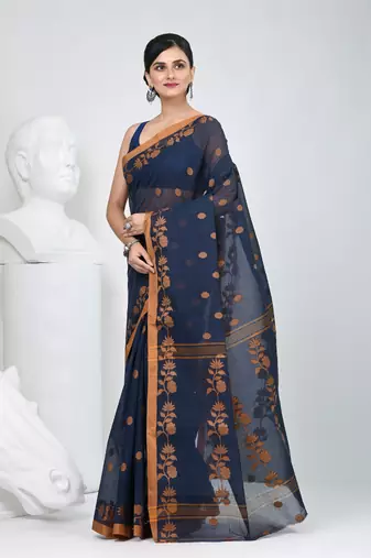 Classic navy blue & mustard handwoven tant cotton saree with texture motifs