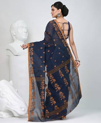 Classic navy blue & mustard handwoven tant cotton saree with texture motifs 4
