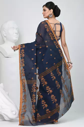 Classic navy blue & mustard handwoven tant cotton saree with texture motifs