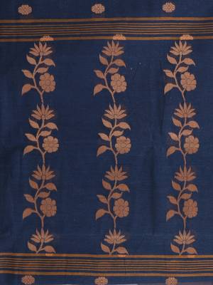 Classic navy blue & mustard handwoven tant cotton saree with texture motifs 5