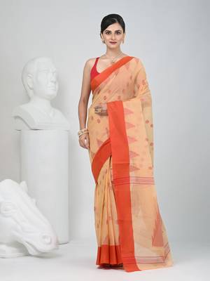 Elegant beige & red handwoven tant cotton saree with traditional motifs 1