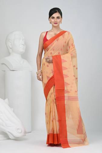 Elegant beige & red handwoven tant cotton saree with traditional motifs