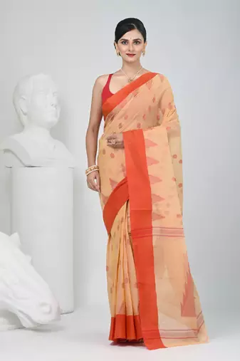 Elegant beige & red handwoven tant cotton saree with traditional motifs