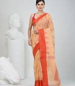 Elegant beige & red handwoven tant cotton saree with traditional motifs
