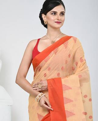 Elegant beige & red handwoven tant cotton saree with traditional motifs 2