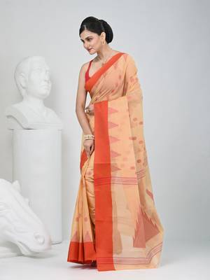 Elegant beige & red handwoven tant cotton saree with traditional motifs 3