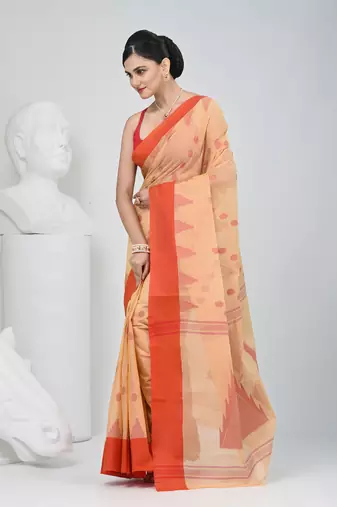 Elegant beige & red handwoven tant cotton saree with traditional motifs
