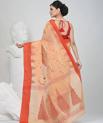 Elegant beige & red handwoven tant cotton saree with traditional motifs 4