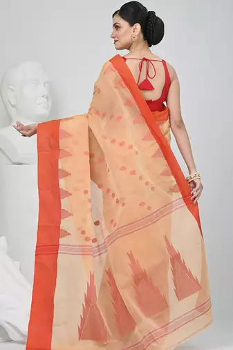 Elegant beige & red handwoven tant cotton saree with traditional motifs