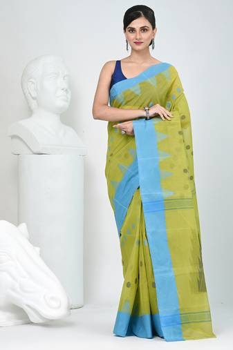 Vibrant lime green & blue handwoven tant cotton saree with traditional motifs