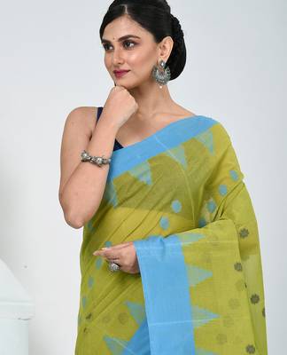 Vibrant lime green & blue handwoven tant cotton saree with traditional motifs 2