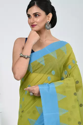 Vibrant lime green & blue handwoven tant cotton saree with traditional motifs