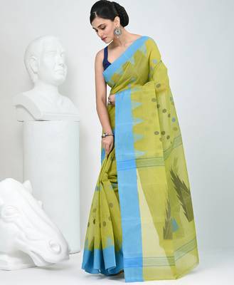 Vibrant lime green & blue handwoven tant cotton saree with traditional motifs 3