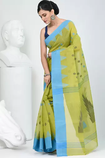 Vibrant lime green & blue handwoven tant cotton saree with traditional motifs