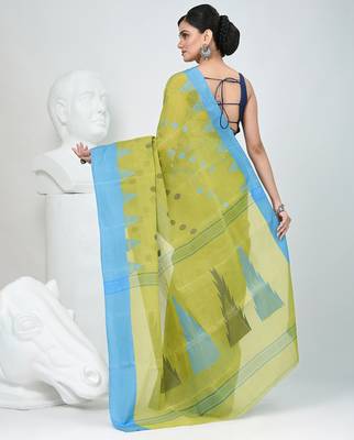Vibrant lime green & blue handwoven tant cotton saree with traditional motifs 4