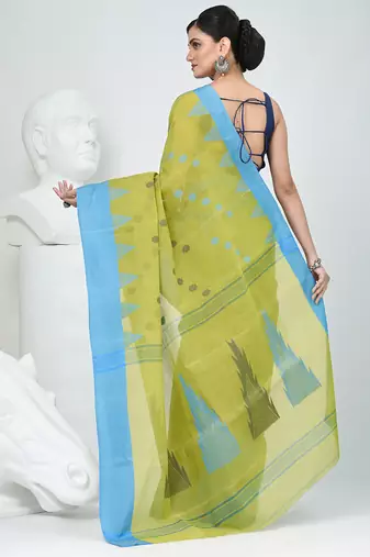 Vibrant lime green & blue handwoven tant cotton saree with traditional motifs