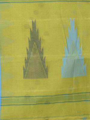 Vibrant lime green & blue handwoven tant cotton saree with traditional motifs 5