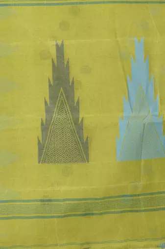 Vibrant lime green & blue handwoven tant cotton saree with traditional motifs