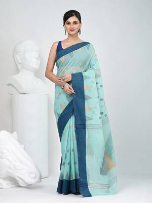 Elegant aqua blue & navy handwoven tant cotton saree with traditional motifs 1