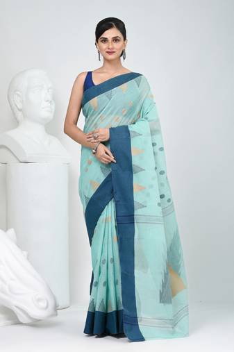 Elegant aqua blue & navy handwoven tant cotton saree with traditional motifs