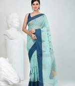 Elegant aqua blue & navy handwoven tant cotton saree with traditional motifs