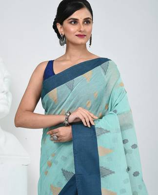 Elegant aqua blue & navy handwoven tant cotton saree with traditional motifs 2