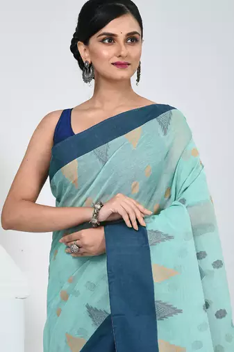 Elegant aqua blue & navy handwoven tant cotton saree with traditional motifs