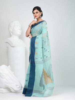 Elegant aqua blue & navy handwoven tant cotton saree with traditional motifs 3