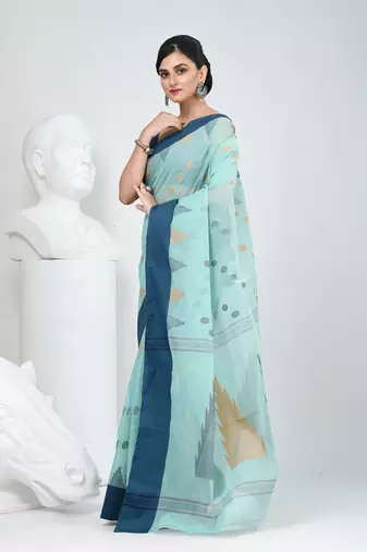Elegant aqua blue & navy handwoven tant cotton saree with traditional motifs