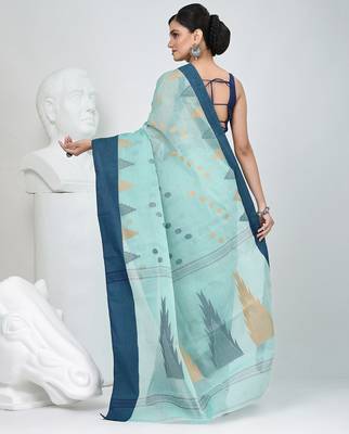 Elegant aqua blue & navy handwoven tant cotton saree with traditional motifs 4