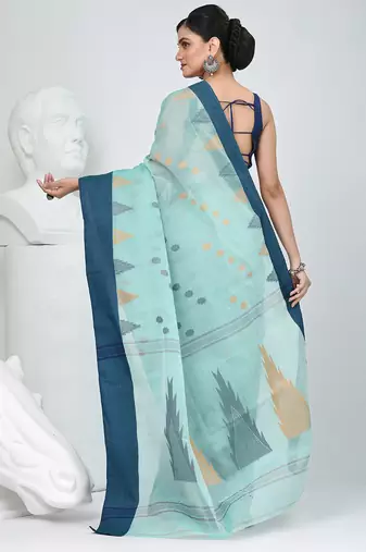 Elegant aqua blue & navy handwoven tant cotton saree with traditional motifs