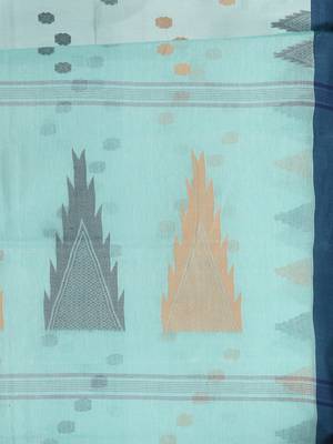 Elegant aqua blue & navy handwoven tant cotton saree with traditional motifs 5