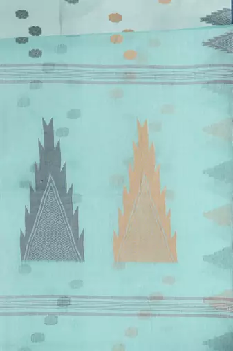 Elegant aqua blue & navy handwoven tant cotton saree with traditional motifs