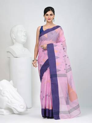 Graceful pink & purple handwoven tant cotton saree with traditional motifs 1