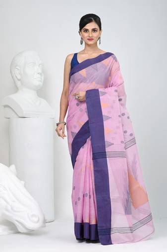 Graceful pink & purple handwoven tant cotton saree with traditional motifs