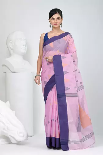 Graceful pink & purple handwoven tant cotton saree with traditional motifs