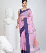 Graceful pink & purple handwoven tant cotton saree with traditional motifs