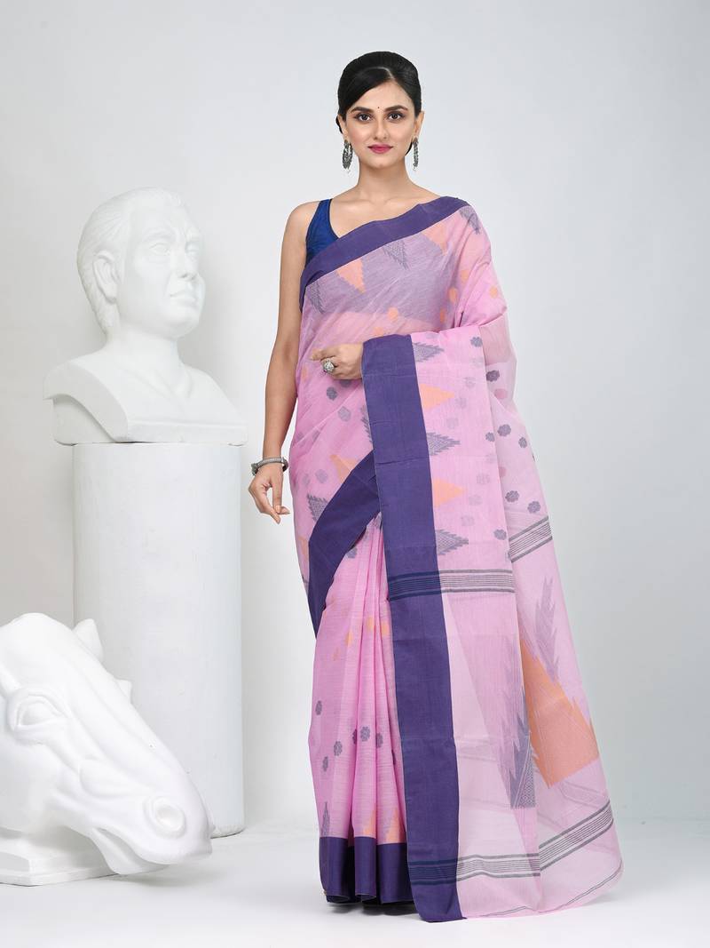 Graceful pink & purple handwoven tant cotton saree with traditional motifs