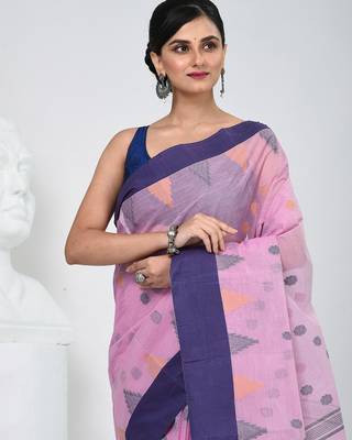 Graceful pink & purple handwoven tant cotton saree with traditional motifs 2